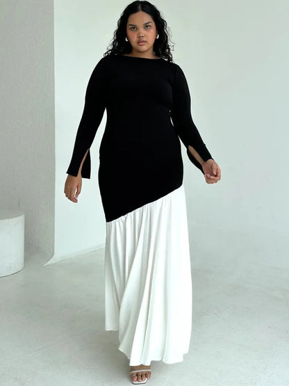 Fashion Long Sleeved Patchwork Bodycon Women Dress Round Neck Slim Elastic Autumn Winter New 2025 Pleated Maxi Vestido
