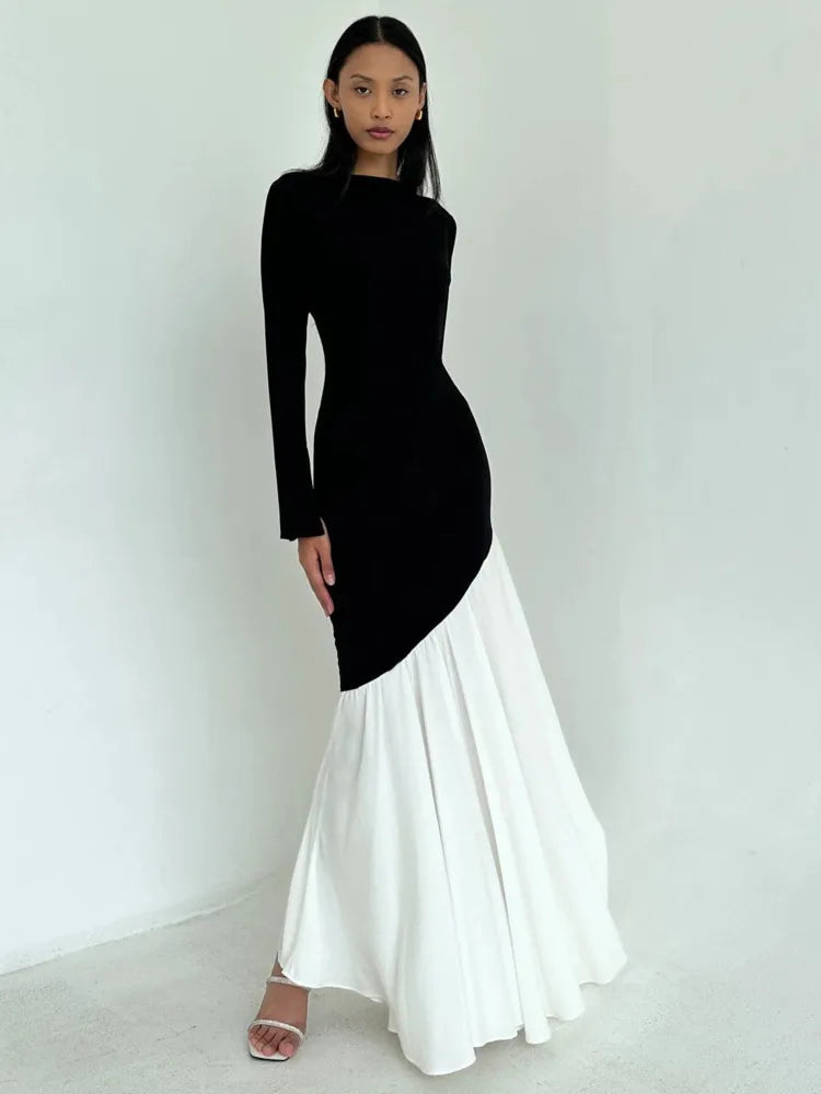 Fashion Long Sleeved Patchwork Bodycon Women Dress Round Neck Slim Elastic Autumn Winter New 2025 Pleated Maxi Vestido
