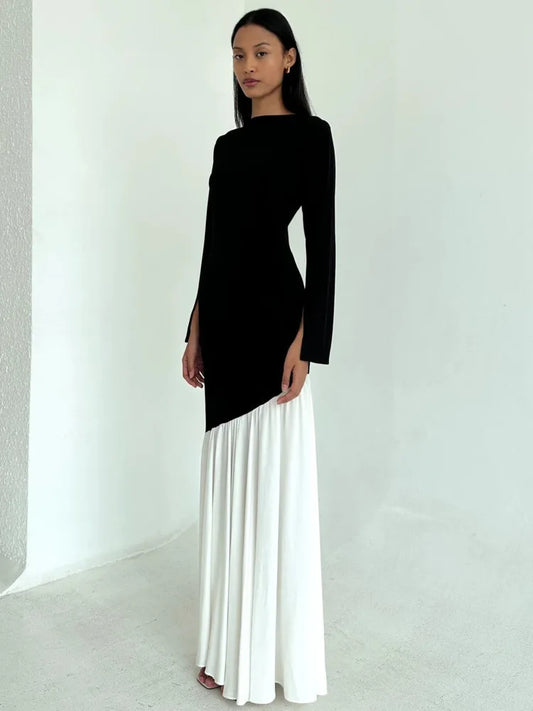 Fashion Long Sleeved Patchwork Bodycon Women Dress Round Neck Slim Elastic Autumn Winter New 2025 Pleated Maxi Vestido