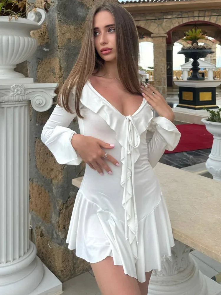 Sexy Bodycon Ruffled High Elasticity Skirt For Women Elegant Lace Up Pleated Long Sleeved Autumn Winter New  Vestido