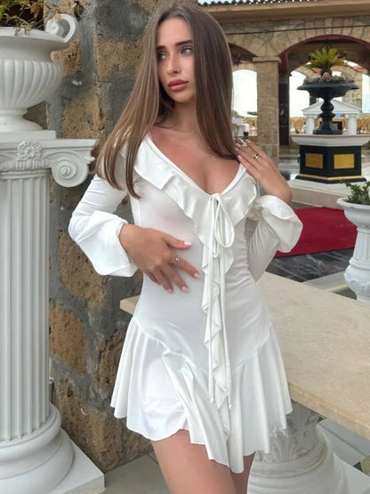 Sexy Bodycon Ruffled High Elasticity Skirt For Women Elegant Lace Up Pleated Long Sleeved Autumn Winter New  Vestido