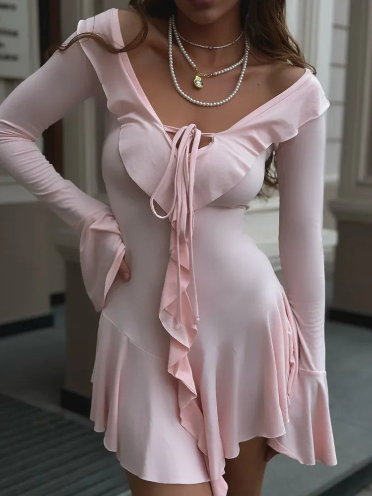 Sexy Bodycon Ruffled High Elasticity Skirt For Women Elegant Lace Up Pleated Long Sleeved Autumn Winter New  Vestido