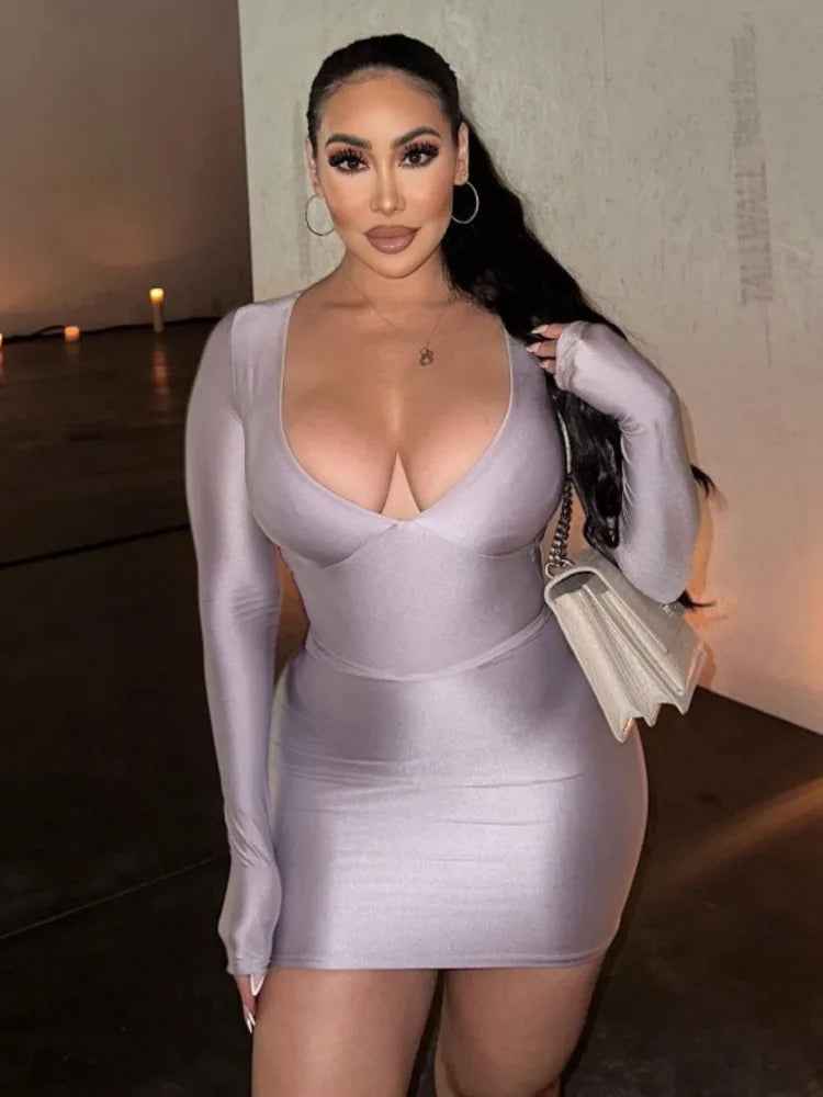 Sexy Deep V Long Sleeved Tight Elastic Short Skirt For Women’s New Pullover Slim Wrap Hip High Waist Dress Party Street