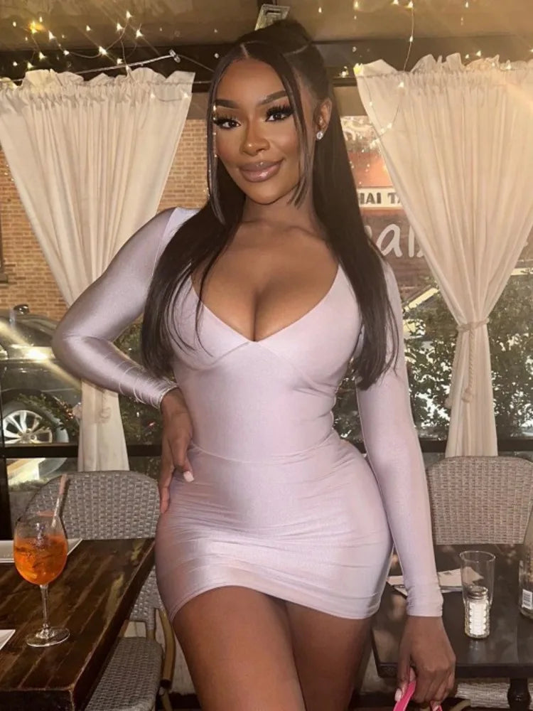 Sexy Deep V Long Sleeved Tight Elastic Short Skirt For Women’s New Pullover Slim Wrap Hip High Waist Dress Party Street