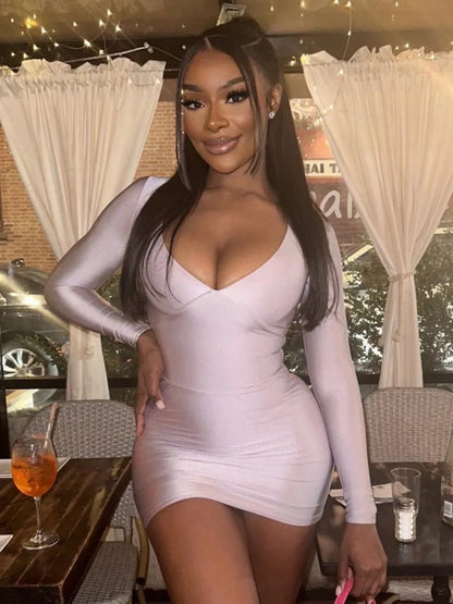 Sexy Deep V Long Sleeved Tight Elastic Short Skirt For Women’s New Pullover Slim Wrap Hip High Waist Dress Party Street