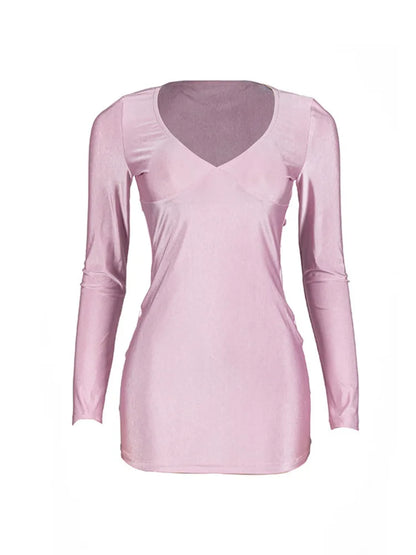 Sexy Deep V Long Sleeved Tight Elastic Short Skirt For Women’s New Pullover Slim Wrap Hip High Waist Dress Party Street