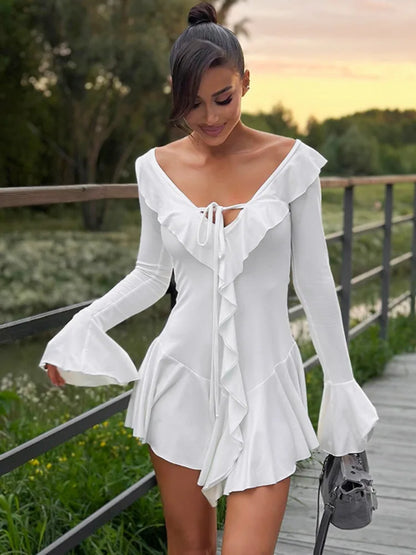 Sexy Deep V Ruffled Bodycon Short Skirt For Women  Fall Ruffled Flared Sleeves Party Evening Dress Street Clothing