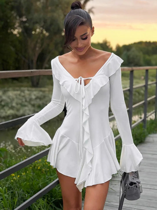 Sexy Deep V Ruffled Bodycon Short Skirt For Women  Fall Ruffled Flared Sleeves Party Evening Dress Street Clothing