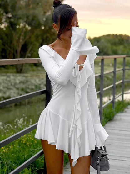 Sexy Deep V Ruffled Bodycon Short Skirt For Women  Fall Ruffled Flared Sleeves Party Evening Dress Street Clothing