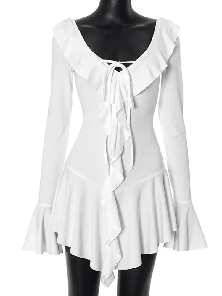 Sexy Deep V Ruffled Bodycon Short Skirt For Women  Fall Ruffled Flared Sleeves Party Evening Dress Street Clothing