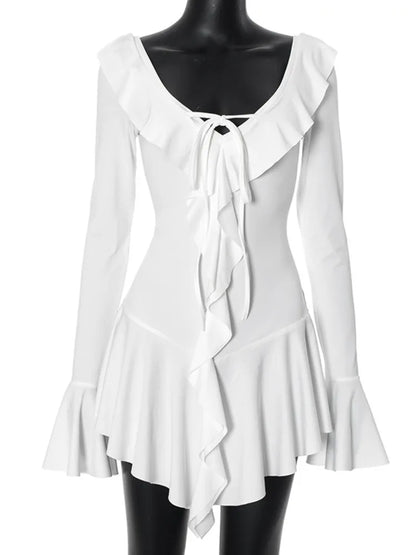 Sexy Deep V Ruffled Bodycon Short Skirt For Women  Fall Ruffled Flared Sleeves Party Evening Dress Street Clothing