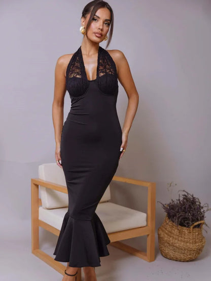 Sexy Hanging Collar Lace Patchwork Deep V Evening Dress Women Elegant Backless Party Club Vestido Autumn/winter  New