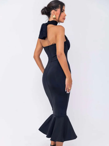 Sexy Hanging Collar Lace Patchwork Deep V Evening Dress Women Elegant Backless Party Club Vestido Autumn/winter  New