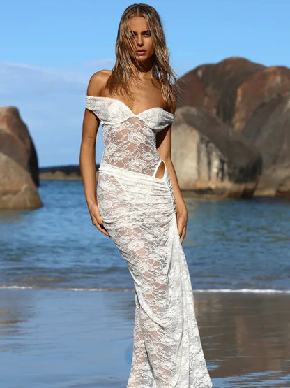 Sexy Lace Deep V Sleeveless Slim Dress Women Perspective Tight Split Backless Charming Long Dress Party Holiday Beach