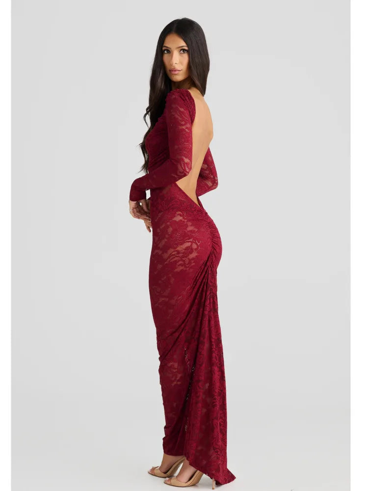 Sexy Lace Patchwork Backless Bodycon Party Club Evening Dress Women Elegant Autumn/Winter Long Sleeved Slim Vestido 2025