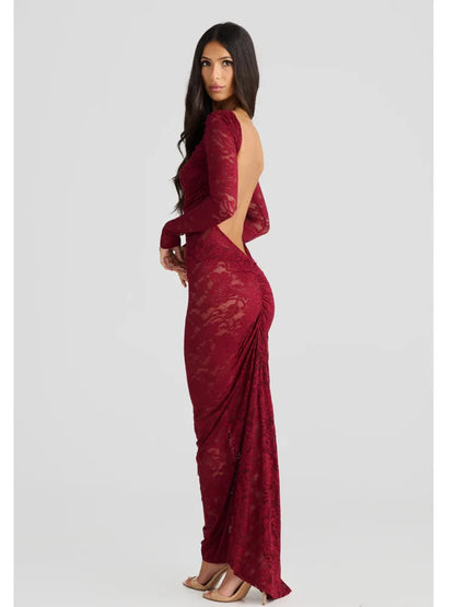 Sexy Lace Patchwork Backless Bodycon Party Club Evening Dress Women Elegant Autumn/Winter Long Sleeved Slim Vestido 2025