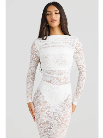 Sexy Lace Patchwork Backless Bodycon Party Club Evening Dress Women Elegant Autumn/Winter Long Sleeved Slim Vestido 2025