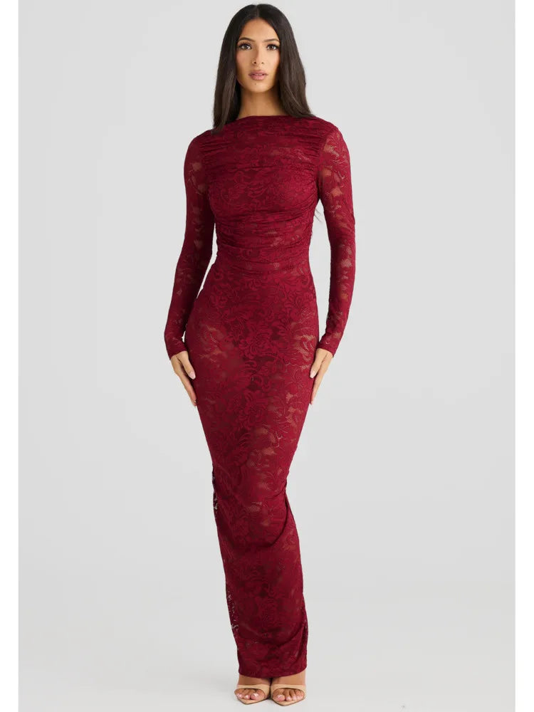 Sexy Lace Patchwork Backless Bodycon Party Club Evening Dress Women Elegant Autumn/Winter Long Sleeved Slim Vestido 2025