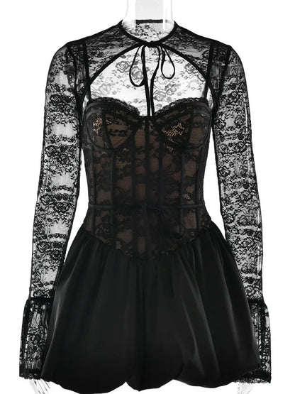 Sexy Lace Patchwork Hollow Out Women Dress Elegant Long Sleeved Bodycon Party Evening Dress Autumn / Winter New Vestido