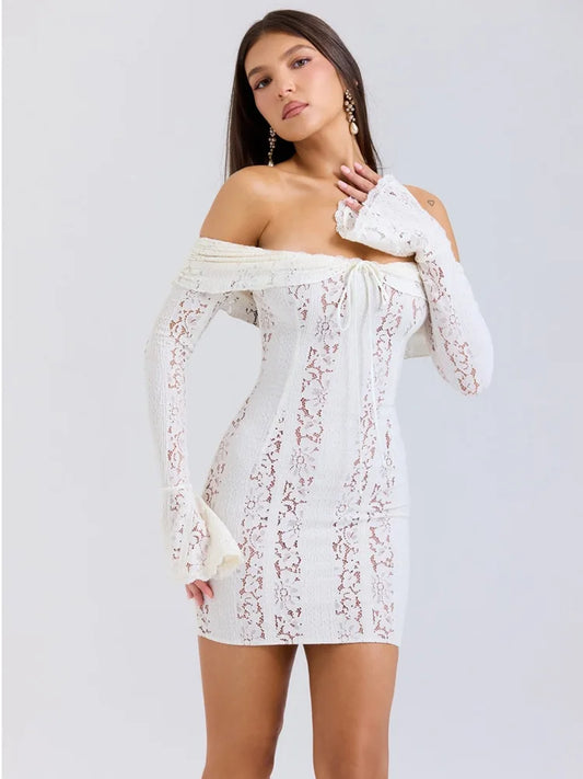 Sexy Lace Patchwork Long Sleeved Tight Mini Skirt Women Bodycon Hollow Lace Up Flared Sleeve Fashion Party Club Dress