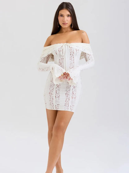 Sexy Lace Patchwork Long Sleeved Tight Mini Skirt Women Bodycon Hollow Lace Up Flared Sleeve Fashion Party Club Dress