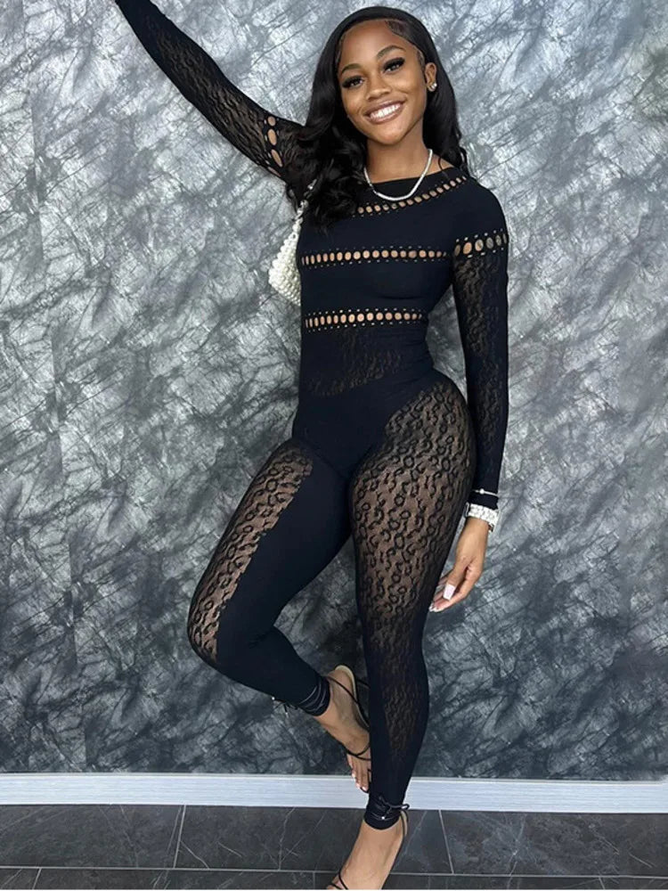 Sexy Long Sleeved Mesh Hollow Out Patch Women Jumpsuit  Fall New Elastic Tight Fitting Female Street Club Clothing
