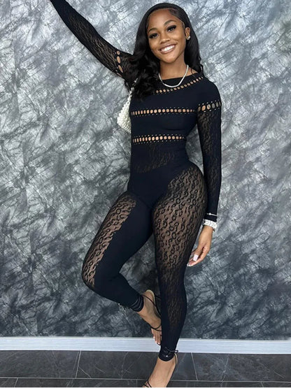 Sexy Long Sleeved Mesh Hollow Out Patch Women Jumpsuit  Fall New Elastic Tight Fitting Female Street Club Clothing