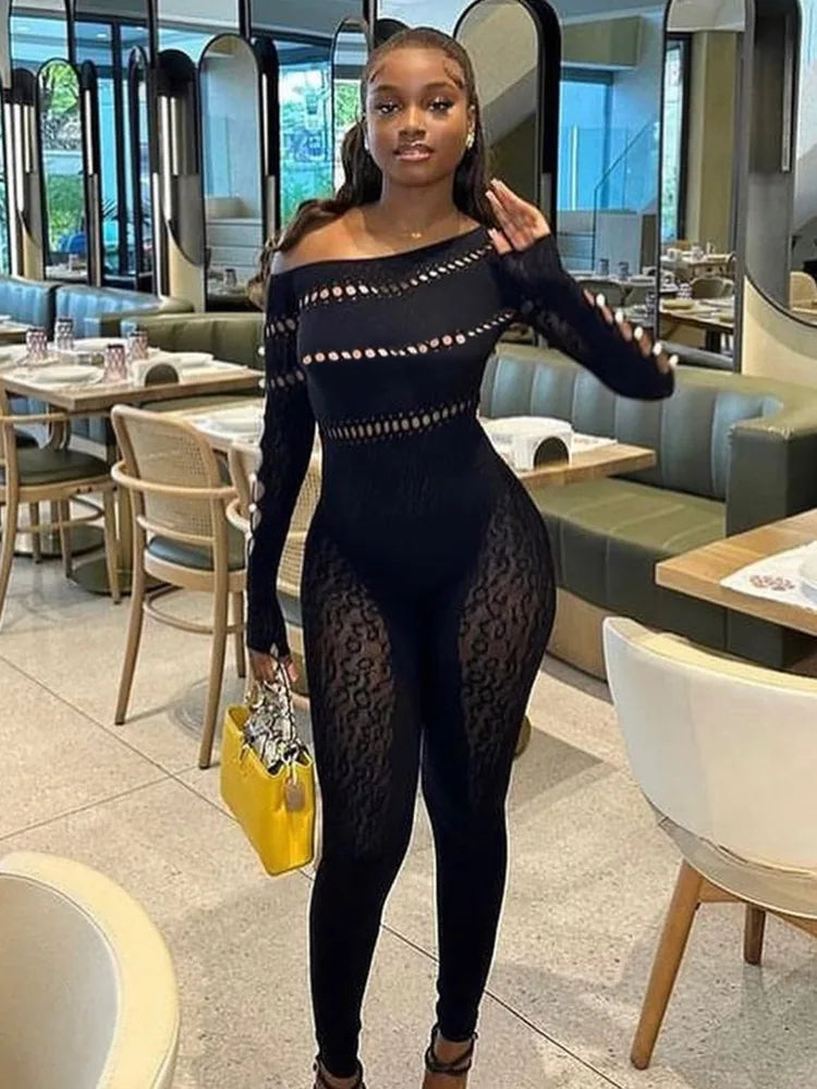 Sexy Long Sleeved Mesh Hollow Out Patch Women Jumpsuit  Fall New Elastic Tight Fitting Female Street Club Clothing