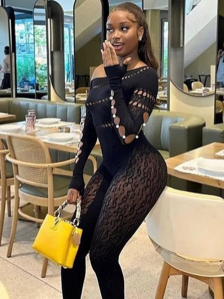 Sexy Long Sleeved Mesh Hollow Out Patch Women Jumpsuit  Fall New Elastic Tight Fitting Female Street Club Clothing