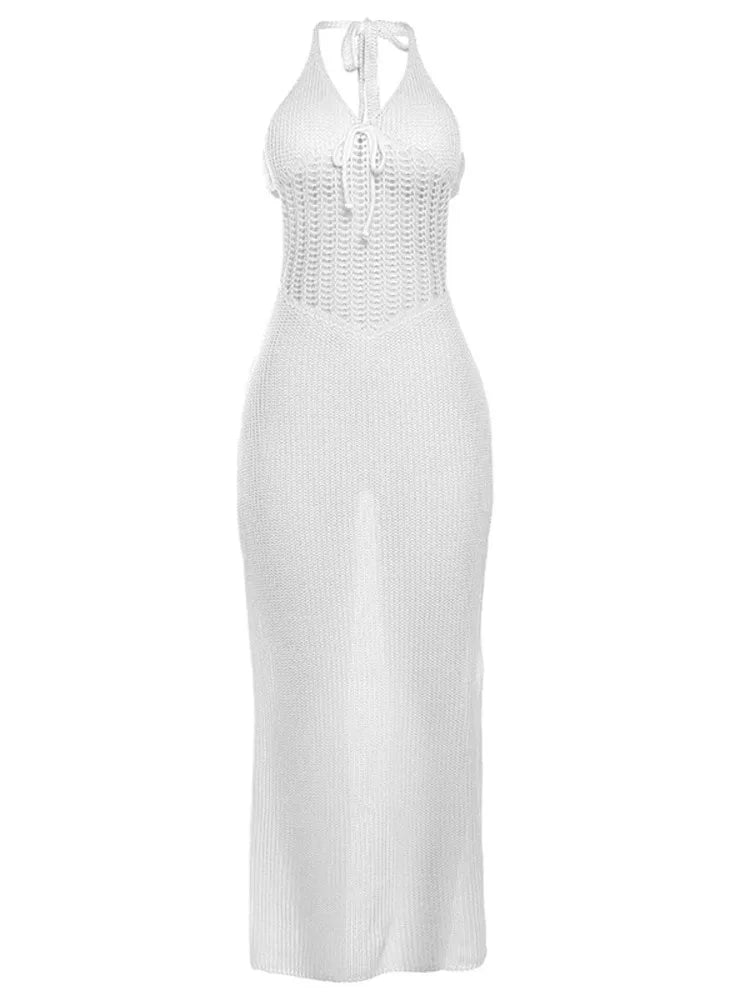 Sexy Sleeveless Bodycon Evening Dress For Women  Autumn New Fashion Hanging Collar Low Cut Backless Knitted Hollow