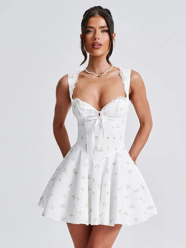 Sexy Sleeveless Deep V Backless Pleated Women Dress  Autumn New Hip Skirt Bodycon Sexy Slim Fit Printed Lace Dress