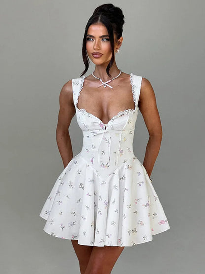 Sexy Sleeveless Deep V Backless Pleated Women Dress  Autumn New Hip Skirt Bodycon Sexy Slim Fit Printed Lace Dress