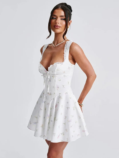 Sexy Sleeveless Deep V Backless Pleated Women Dress  Autumn New Hip Skirt Bodycon Sexy Slim Fit Printed Lace Dress
