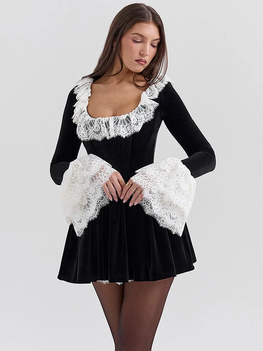 Sexy Square Neck Lace Velvet PatchWork Bodycon Dress For Women Elegant Autumn/Winter Long Sleeved Pleated Slim Vestido