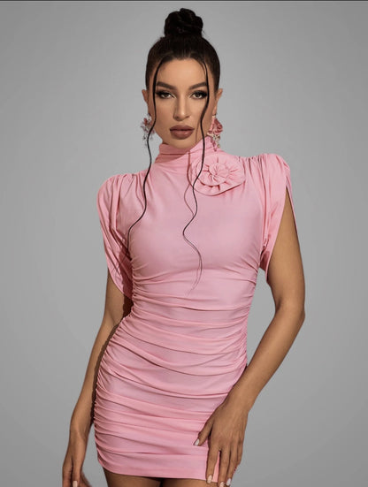 Arwen Mini Dress with 3D Flowers and Draped Shoulders