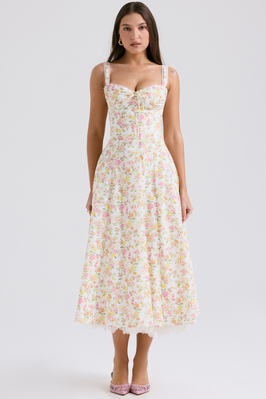 Vestido largo con pliegues y flores Athénaïs