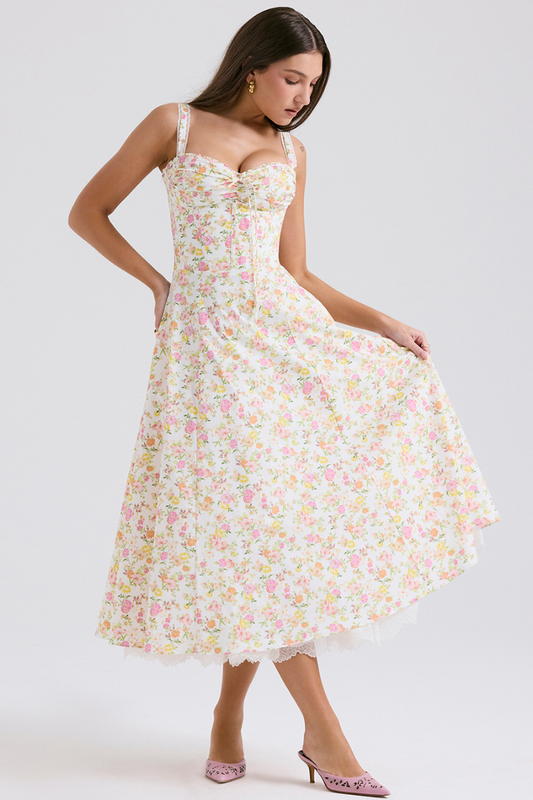 Vestido largo con pliegues y flores Athénaïs