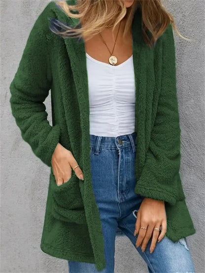 New Women Clothing Color Fleece Cardigan Pocket Casual Elegant Loose Fit Warm Fashion Vintage Coat
