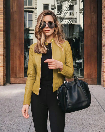 PU Solid Single Breasted Women's Overwear Leather Autumn Winter Jacket