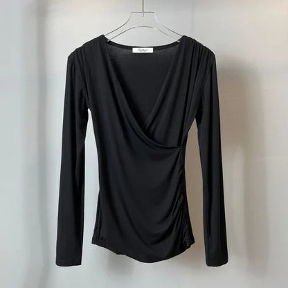 DressBetty - 2024 Solid Slim Waist V-Neck Long Sleeve Women's Tee