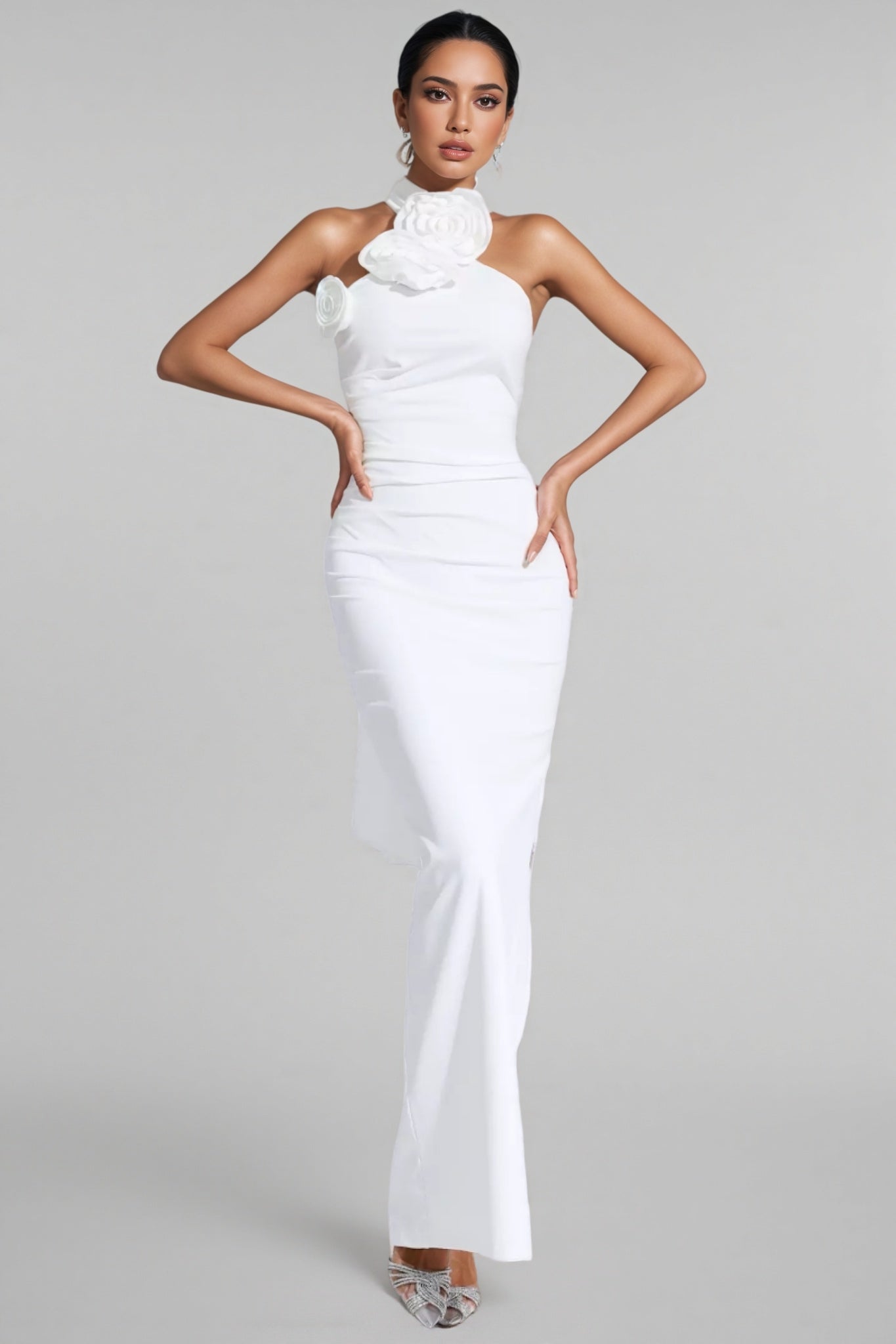 Hilia White Floral Ruched Halter Maxi Dress