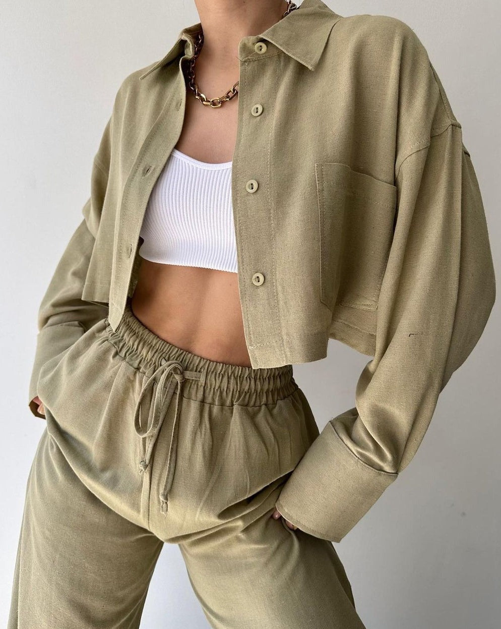 Collared Drawstring Two Piece Pants Set