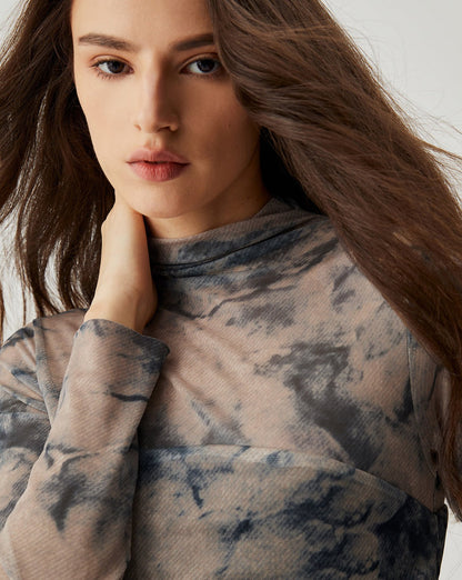 Mesh Floral Print Ruched Long Sleeve Midi Dress