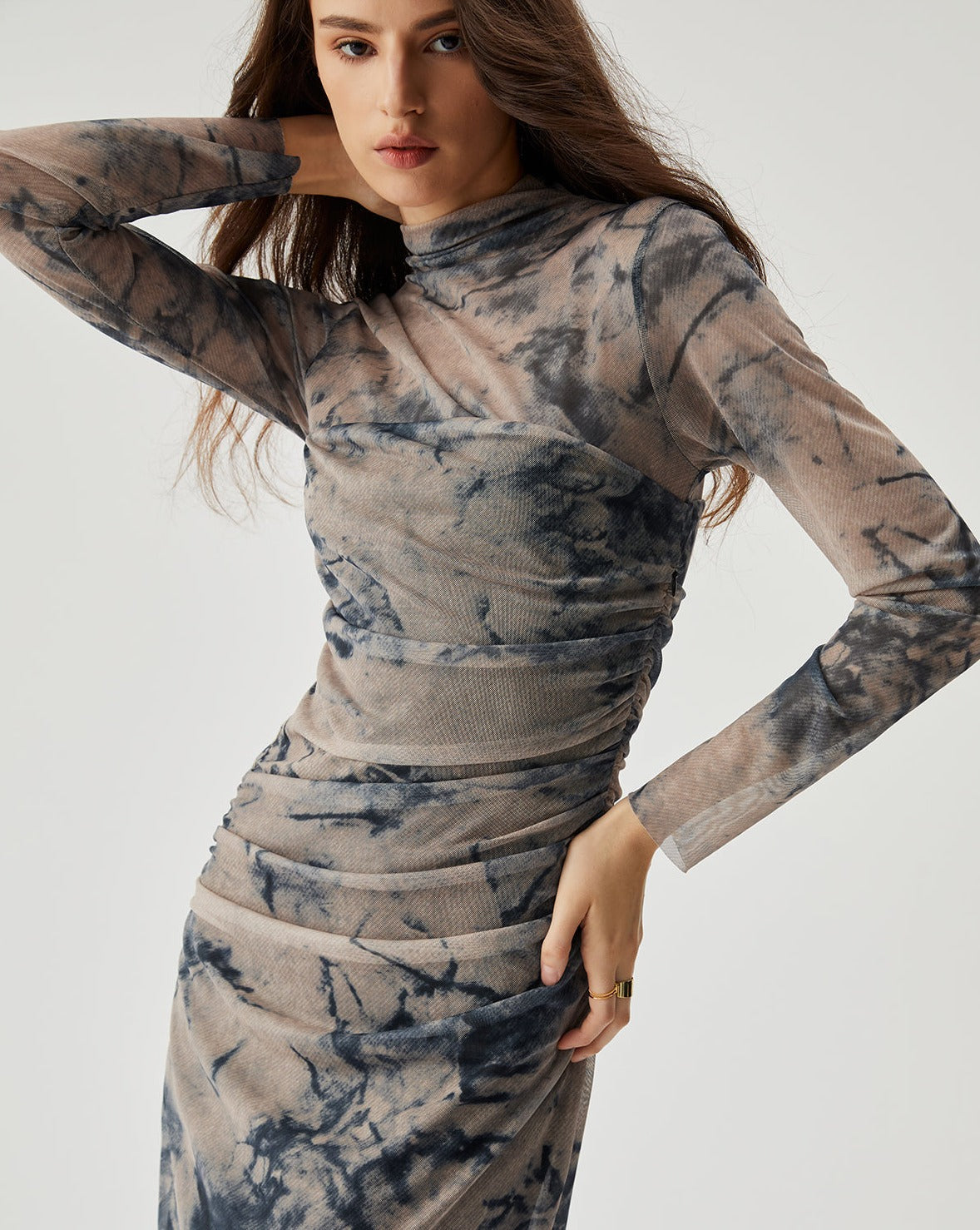 Mesh Floral Print Ruched Long Sleeve Midi Dress