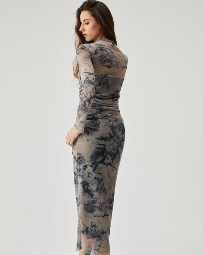 Mesh Floral Print Ruched Long Sleeve Midi Dress