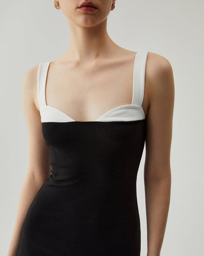 Bodycon Patchwork Sweetheart Collar Cami Midi Dress