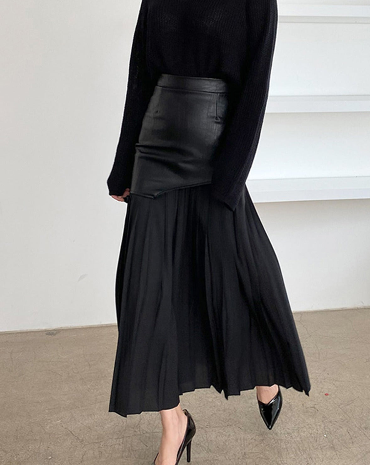 Asymmetric Patchwork Faux Leather Chiffon Pleated Midi Skirt