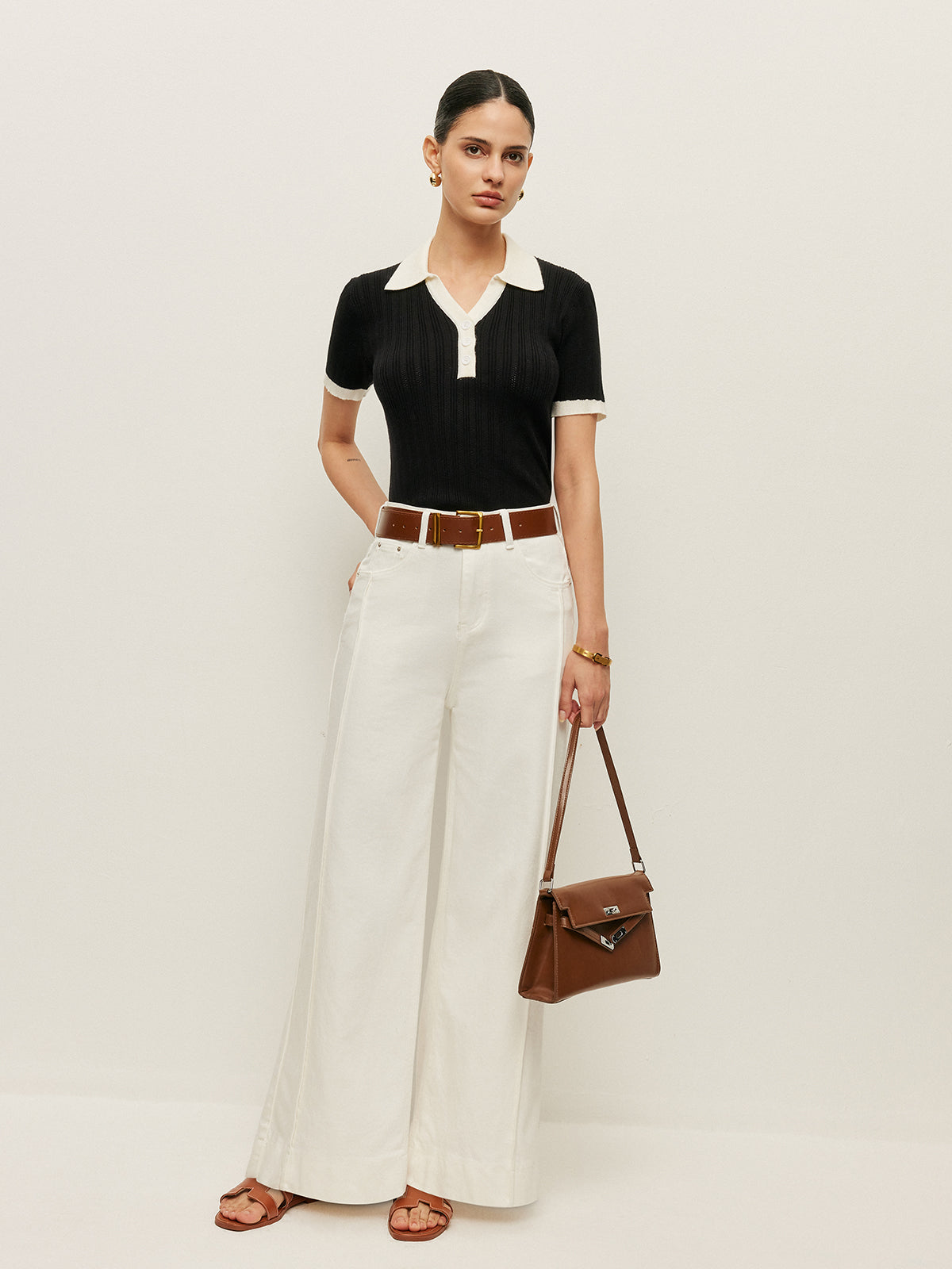 Collared Button Detail Ribbed Knit Top