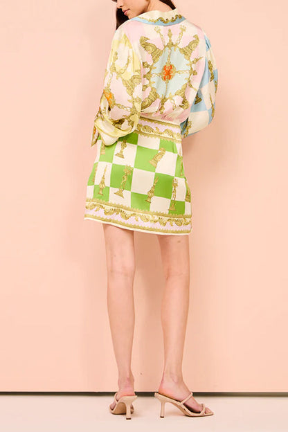 Long Sleeves Button Up Tie Waist Unique Print Wrap Mini Dress
