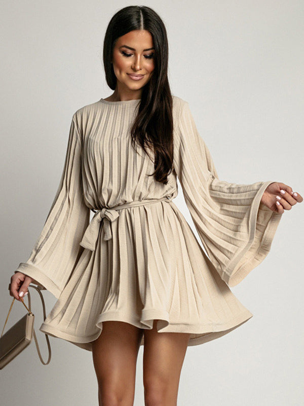 Skater Dresses Jewel Neck Long Sleeves Lace Up Chic Flared Dress Mini Dresses